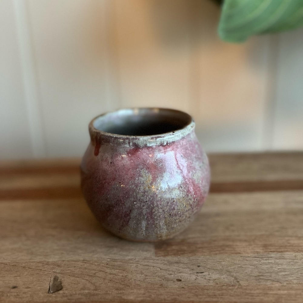 Hand made clay pottery, pot or mug, purple gray glaze